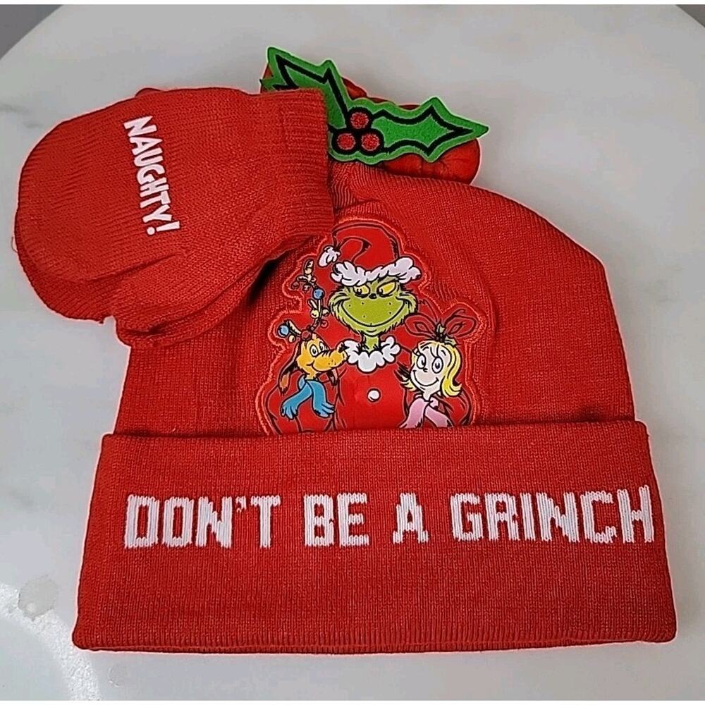 Dr. Seuss Don't Be A Grinch Kids Beanie Hat & Gloves Gift Set Red NWT Cap